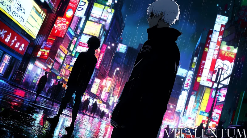 Neon rainwalkers brood beneath electric city halos.