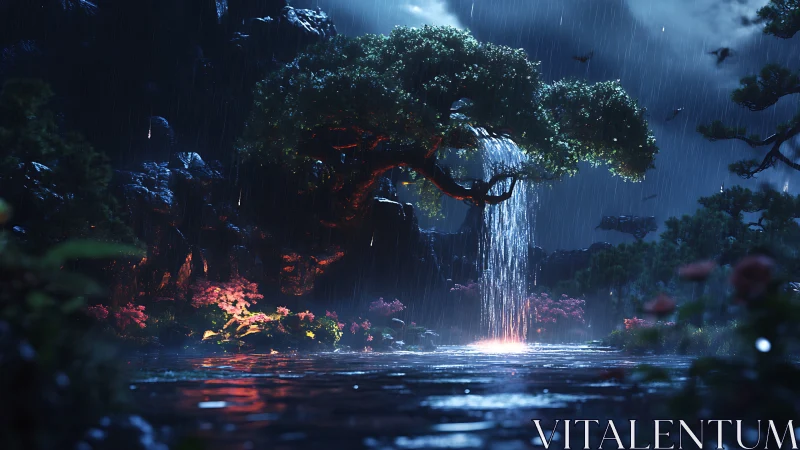 Tree arches over luminous waterfall in rainy night valley