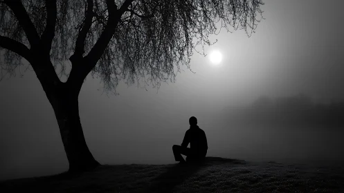 Silhouette of seated figure under tree in foggy landscape.