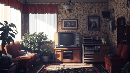 Vintage living room interior with retro television and decor.