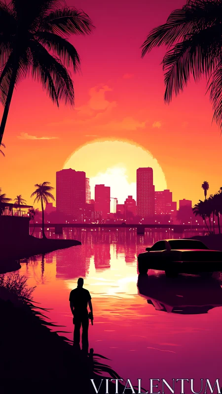 Neon sunset city escape with lone figure by the water.