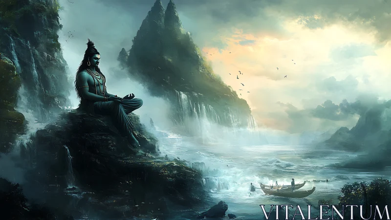 Meditating deity above misty river valley with boats.