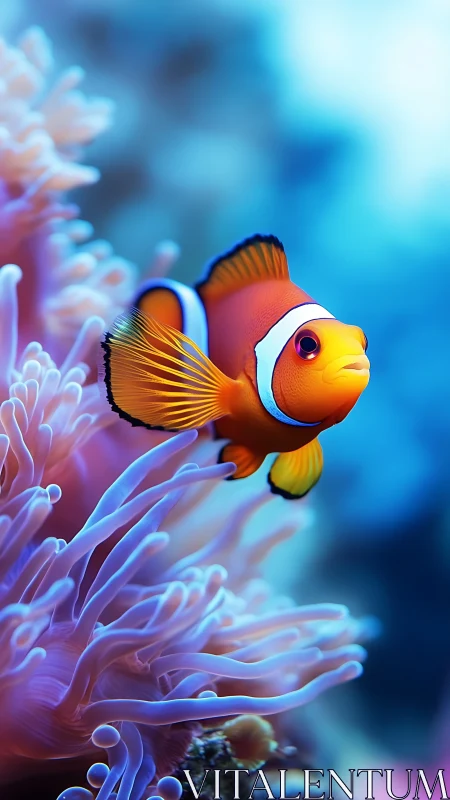 Orange clownfish amid violet sea anemone tentacles close-up