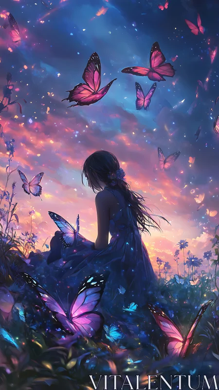 Twilight meadow silhouette with luminous violet butterflies.