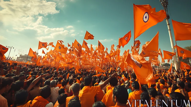 Orange flags roar skyward while a sunlit crowd becomes sea