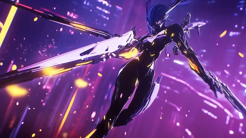 Cybernetic swordswoman in neon cityscape with dynamic backlighting