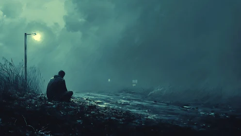 Solitary figure sits in rain beneath single roadside lamp