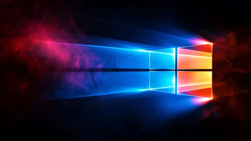 Windows logo emits blue and orange light beams in darkness