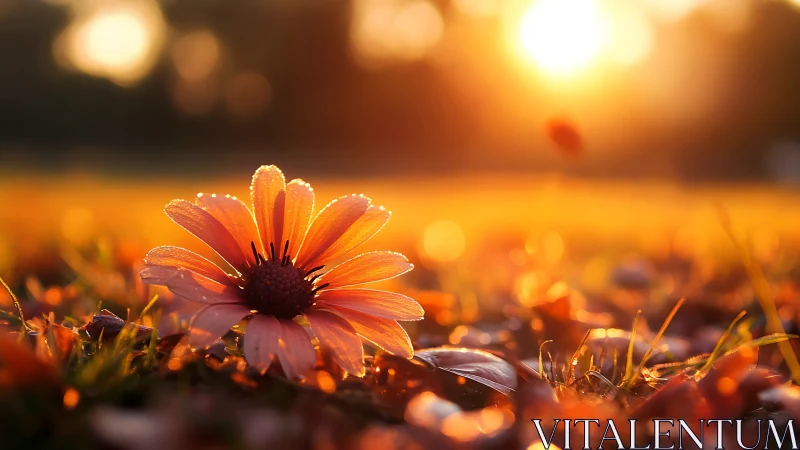 Sunlit daisy waking gently in a dewy golden meadow.