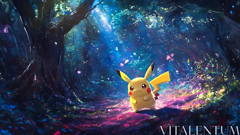 Pikachu strolls through a glitch-bright electric twilight grove