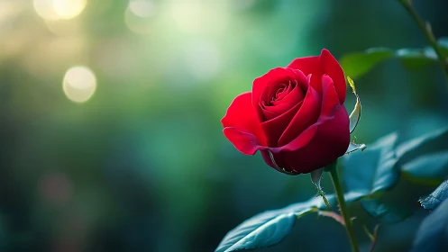 Deep Crimson Rose with Bokeh Foliage Background