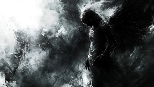 Shadowed fallen angel stands in swirling monochrome storm
