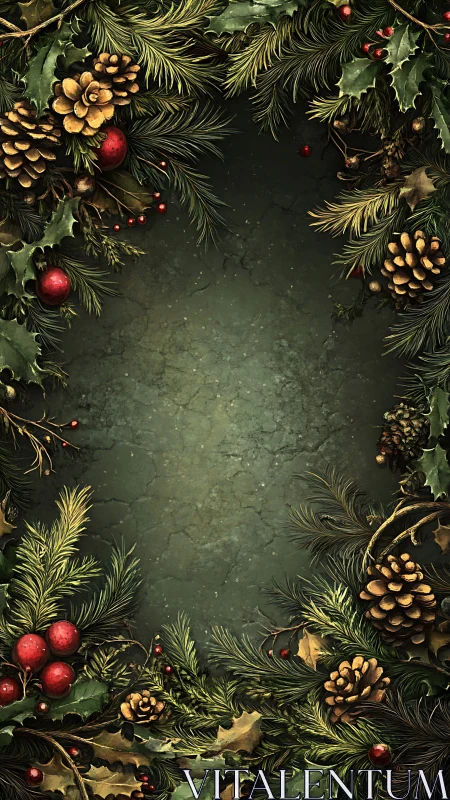 Cozy winter greenery frame with pinecones and red berries.