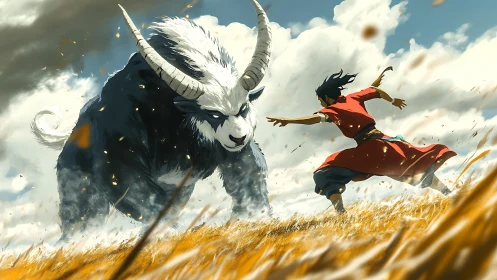 Warrior confronts colossal horned beast in windswept field