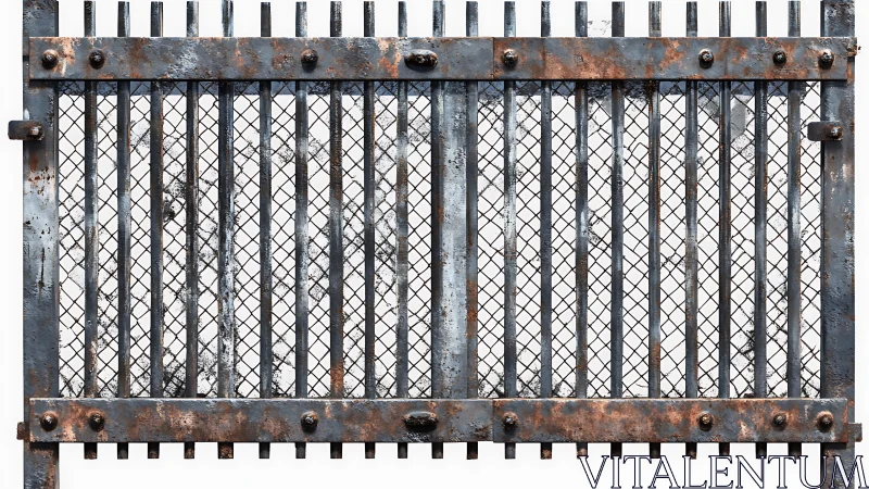 Corroded steel gate exhibits rusted lattice, bolts and patina
