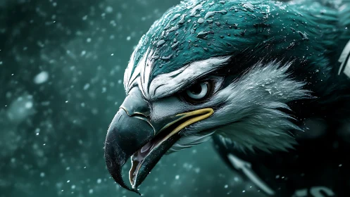 Fierce green eagle in dramatic snowstorm, hyper-realistic digital art.