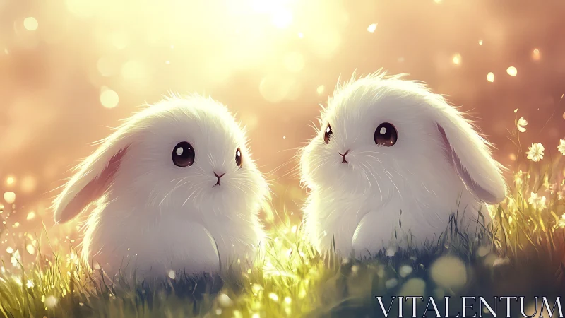 Two fluffy white baby rabbits in glowing meadow light.