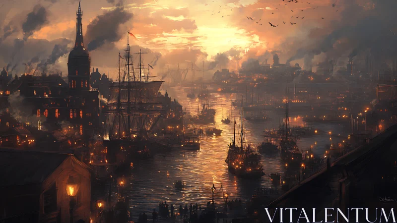 Golden harbor sunset over a bustling steampunk port city.