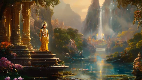 Golden river goddess watching over luminous temple valley.