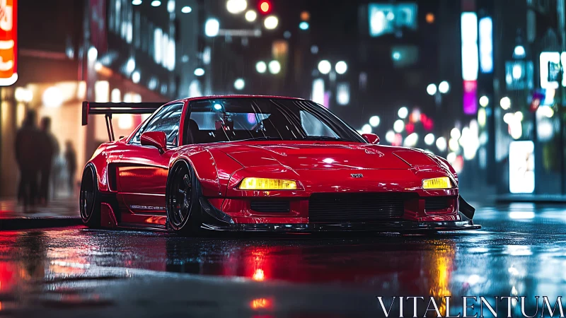 Red modified sports car on wet neon lit city street.
