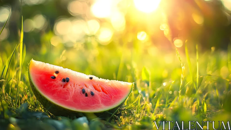 Sunlit slice of watermelon resting in glowing summer grass.