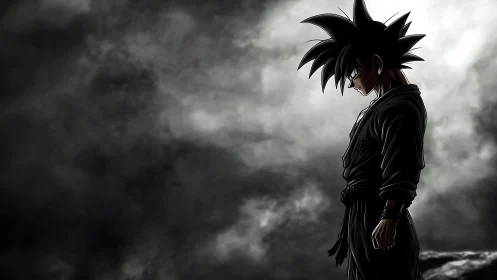 Quiet anime warrior standing strong in stormy shadows.