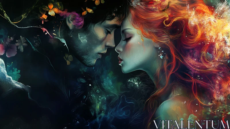 Two souls converge where fire meets ice in ethereal kiss.