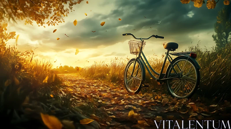 Dutch-Frame City Bicycle in Autumn Meadow at Golden Hour