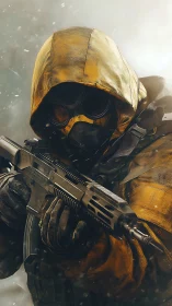 Hooded rifle operative in storm-lit tactical close-up portrait.