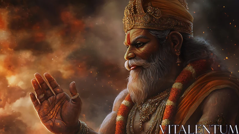 Regal bearded deity extends blessing amid burning clouds