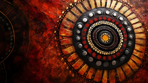 Concentric circular abstract pattern with textured warm palette.