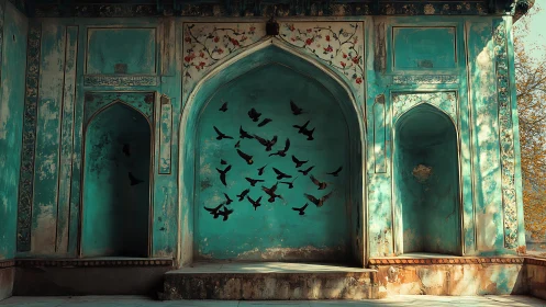Flock of birds crosses a faded turquoise Mughal archway wall