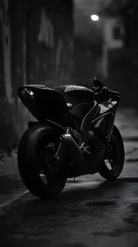 Midnight superbike poised in glistening rain-soaked alleyway.