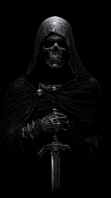 Hooded skeletal warlord grips ornate longsword in stark chiaroscuro