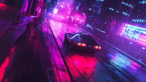 Retro sports car in neon-lit rainy cyberpunk city street.