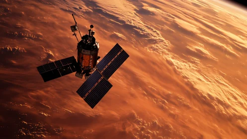 Solar sentinel drifting above a storm-lit amber Earth.