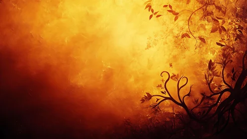 Silhouetted Organic Foliage Against Radiant Warm Gradient: Luminous Atmospheric Digital Composition