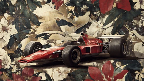 Red single-seat race car is rendered against floral backdrop