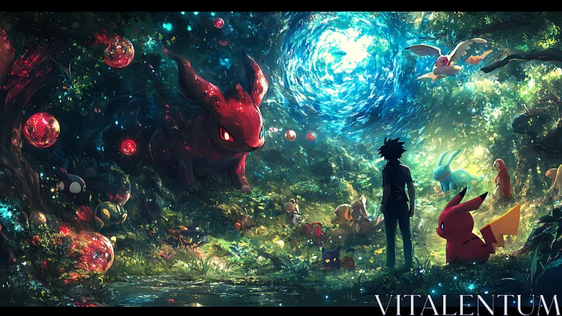 Forest portal of glowing creatures and a curious traveler.