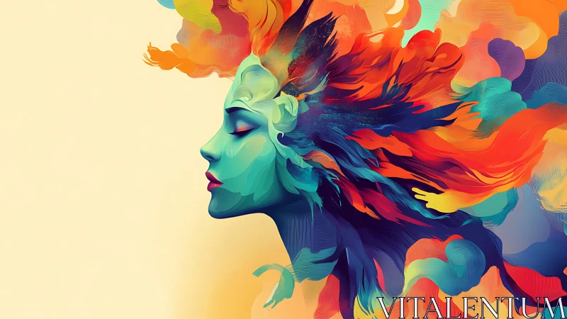 Colorful digital female profile with flowing abstract hair.