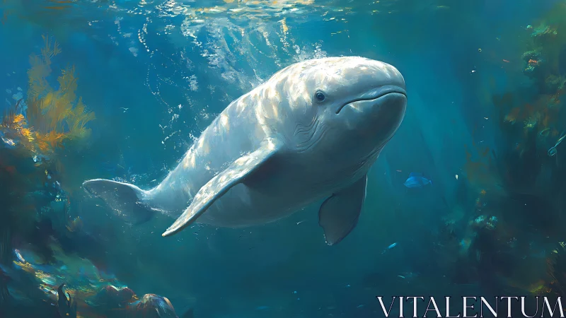 Digital painting of beluga whale in luminous reef habitat.