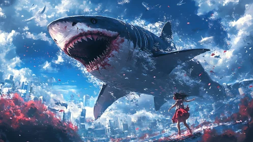 Giant airborne shark over modern city with running figure.