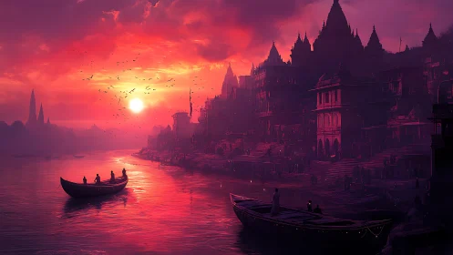 Crimson riverfront temples drinking the last light of dusk.