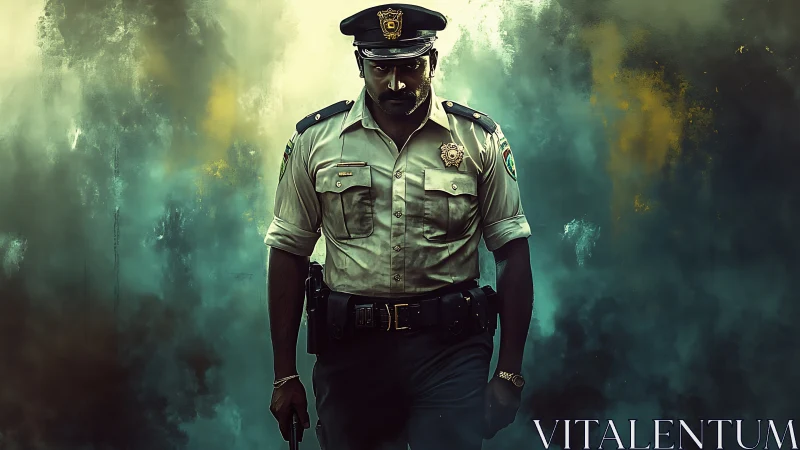 Resolute police officer steps forward through swirling smoke