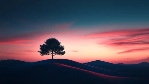 Solitary tree on hill under pink and blue sunset sky.