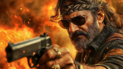 Gritty gunman in sunglasses aiming amid roaring flames.