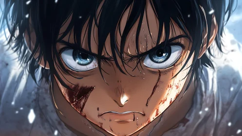 Battle-hardened anime fighter in hyper-detailed close-up.