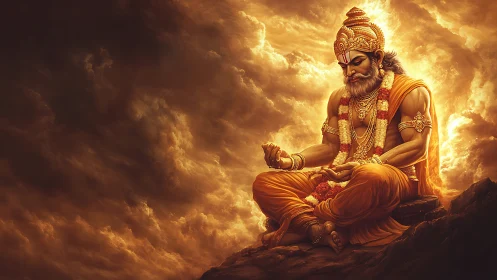 Seated robed figure in ornate attire amid glowing clouds.