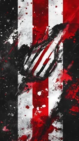 Grunge football emblem slices through red and white stripes