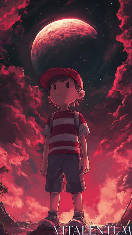 Boy under crimson celestial body framed by irradiated storm clouds